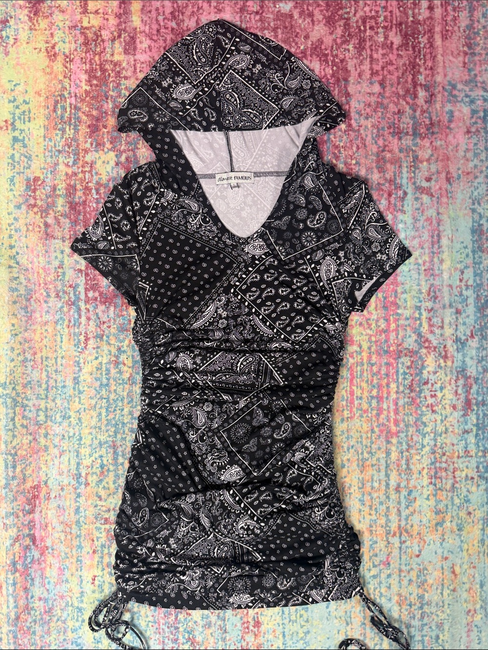 Almost Famous Black & White Paisley Hooded Ruched Top